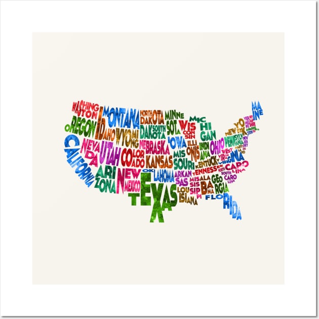 Colorful and Typographic USA Map Wall Art by inspirowl